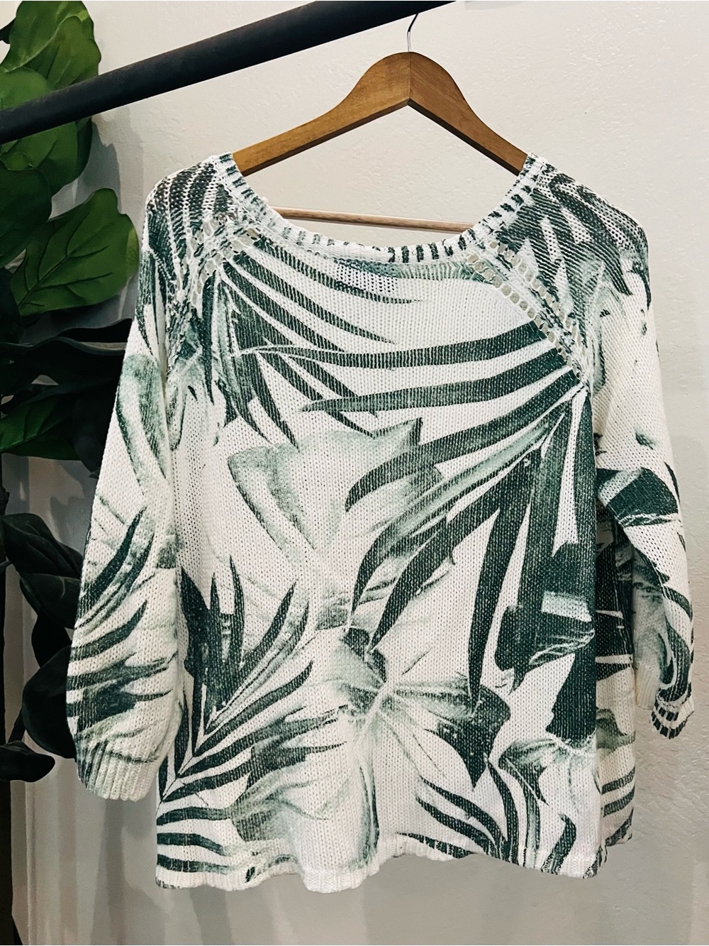Wooden Ships Green & White Tropical Leaf Crewneck Sweater